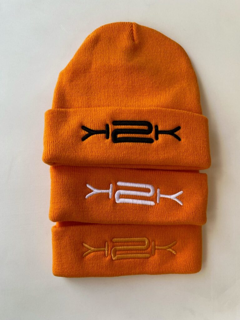 K2K orange beanie with custom embroidery colour options in multiple colours
