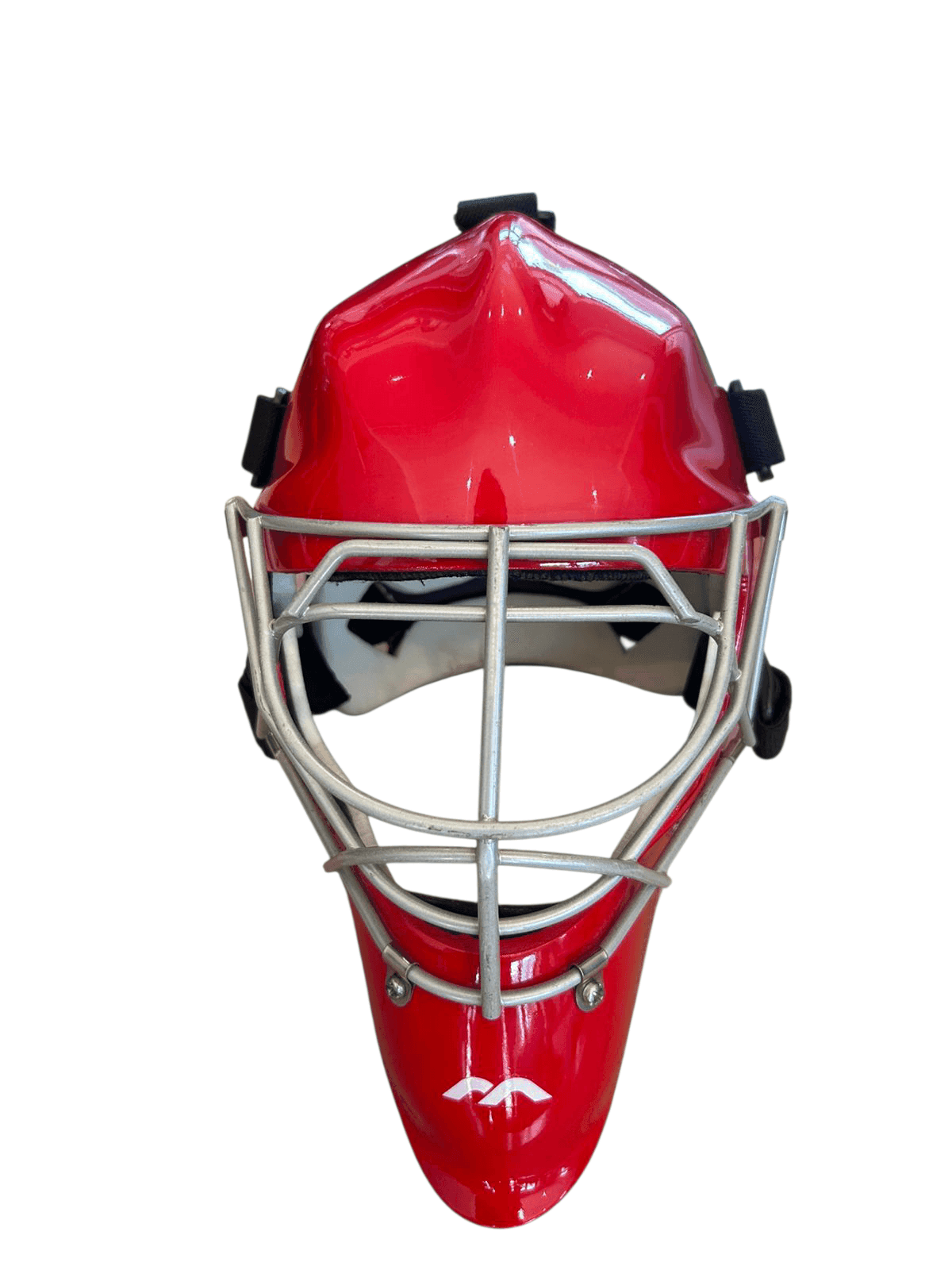 Mercian Genesis Goalkeeper Helmet Medium red fibreglass shell cats-eye grill Used Good condition - Front