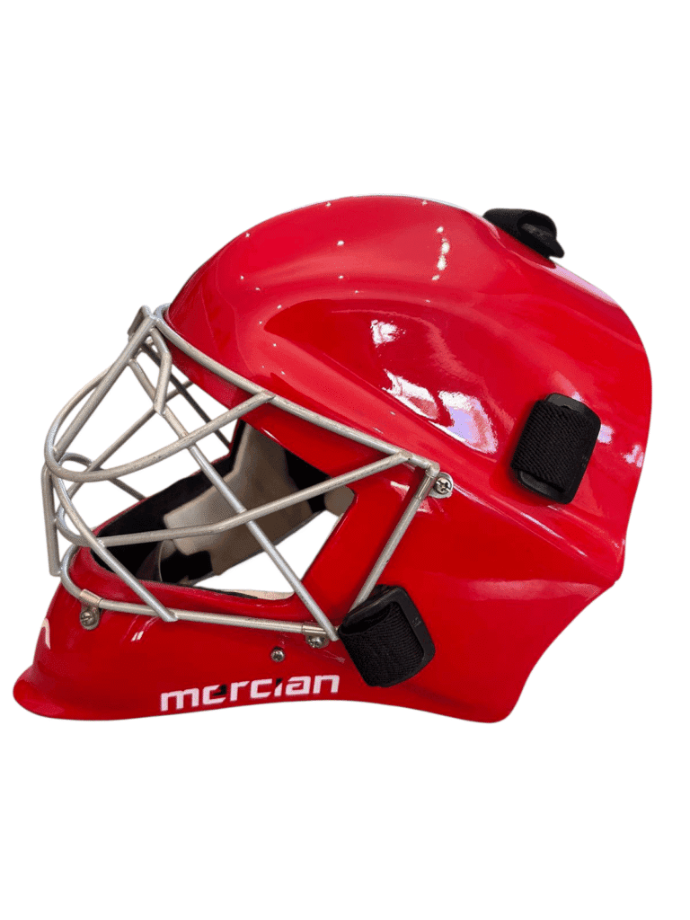 Mercian Genesis Goalkeeper Helmet Medium red fibreglass shell cats-eye grill Used Good condition