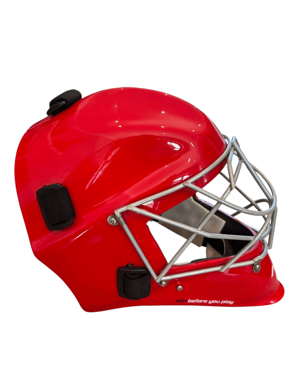 Mercian Genesis Goalkeeper Helmet Medium red fibreglass shell cats-eye grill Used Good condition - Side