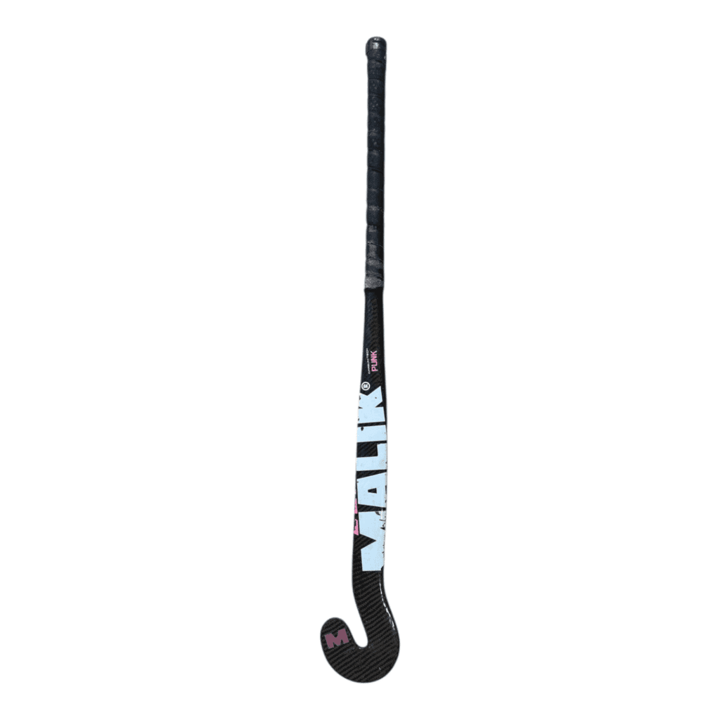 Malik Carbon-Tech Punk field hockey goalkeeper stick in black with pink and light blue graphics