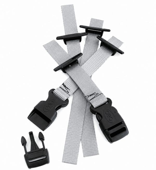 OBO ROBO rear kicker straps in grey with black quick-release buckles and strap retainers