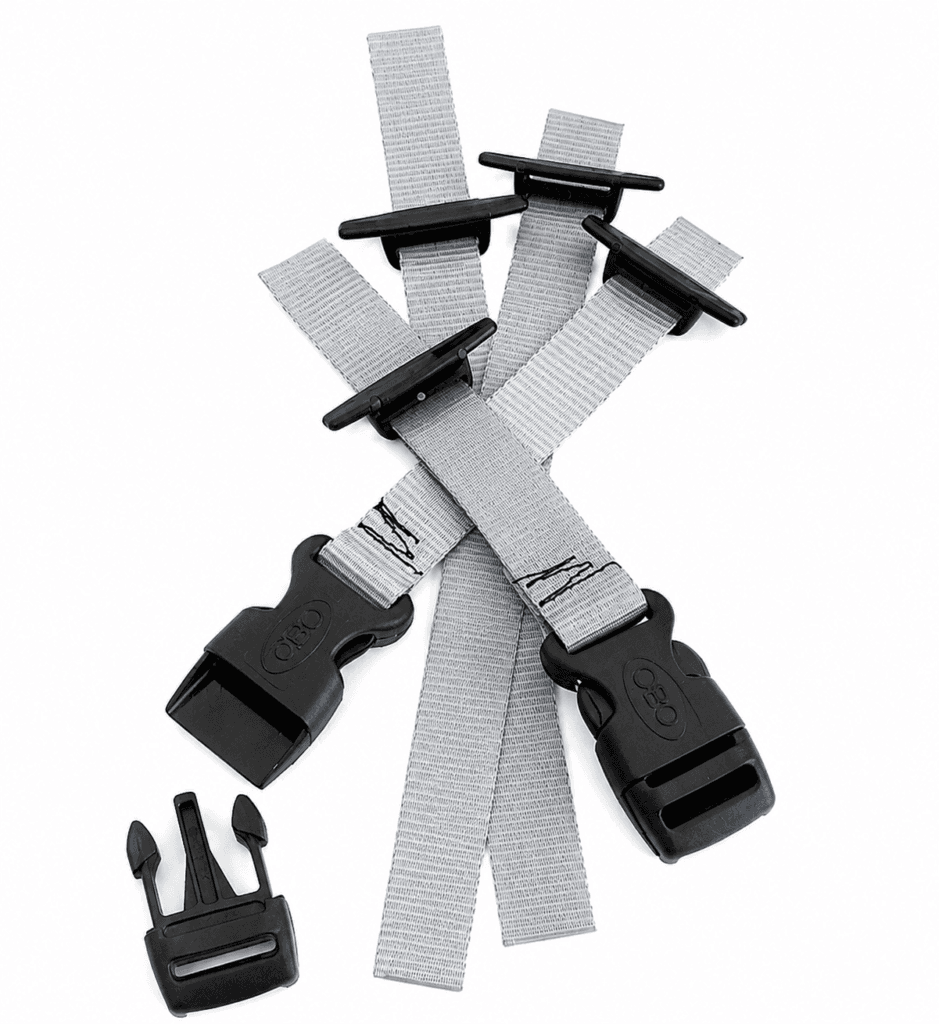 OBO ROBO rear kicker straps in grey with black quick-release buckles and strap retainers