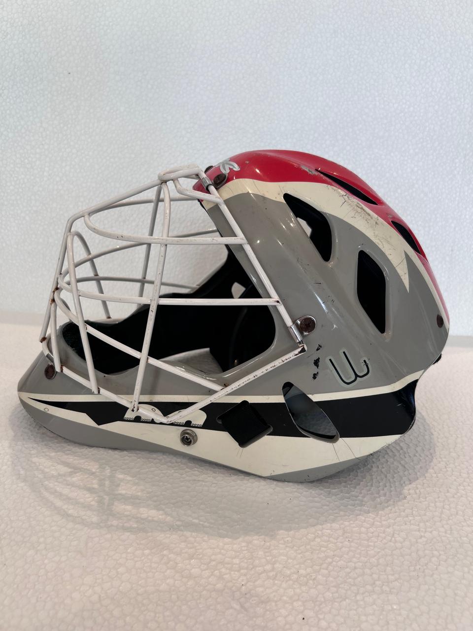 TK P3 Field Hockey Goalkeeper Helmet Large grey white red with white metal face cage